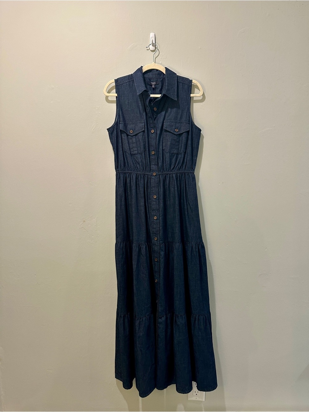 NYDJ Sleeveless Navy Button-Front Tiered Maxi Dress, NWT